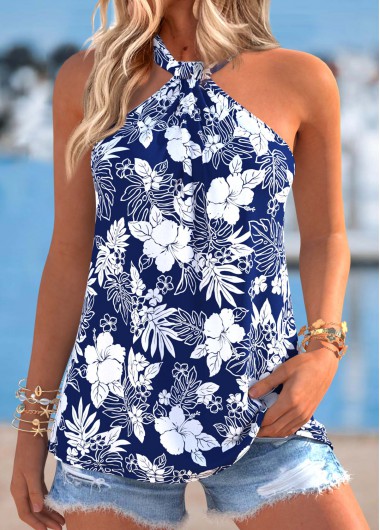 women clothes image of Navy Tummy Coverage Floral Print Sleeveless Halter Tank Top