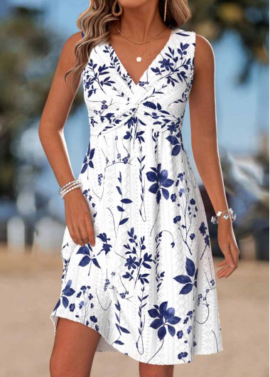 women clothes image of White Tummy Coverage Leaf Print Short Sleeveless Dress