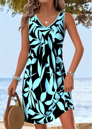 women clothes image of Cyan Tummy Coverage Leaf Print Short Sleeveless Dress