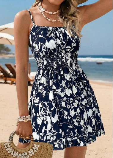 women clothes image of Navy Floral Print Short Tummy Coverage Strappy Dress