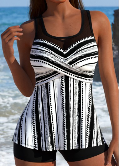 women clothes image of Tummy Coverage Mid Waisted Geometric Print Black Tankini Set