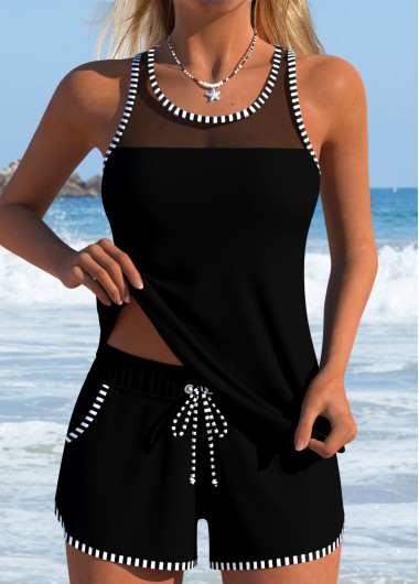 women clothes image of Tummy Coverage Mid Waisted Striped Black Tankini Set