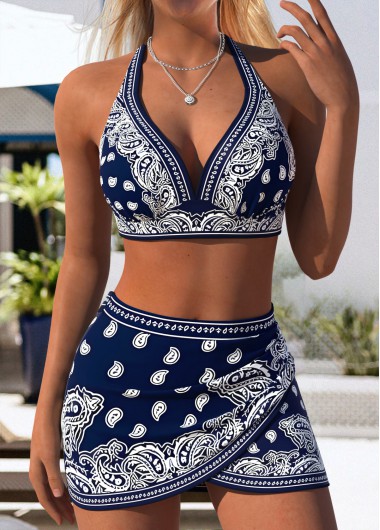 women clothes image of Pull On Mid Waisted Paisley Print Navy Bikini Set