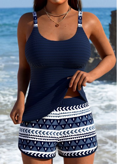 women clothes image of Mid Waisted Tribal Print Navy Tankini Set