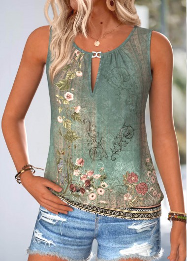 women clothes image of Green Shirred Tribal Print Sleeveless Round Neck Tank Top