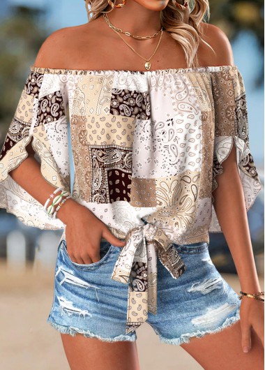 women clothes image of Light Coffee Tie Patchwork Half Sleeve Off Shoulder Blouse