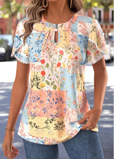 women clothes image of Multi Color Floral Print Curved Hem Short Sleeve Blouse