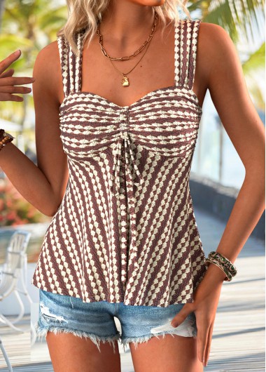 women clothes image of Dark Coffee Peplum Striped Strappy Square Neck Tank Top