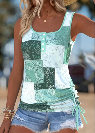 women clothes image of Sage Green Tummy Coverage Tribal Print Sleeveless Tank Top
