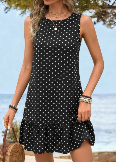 women clothes image of Black Tummy Coverage Polka Dot Short Sleeveless Dress