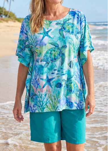 women clothes image of Tummy Coverage Marine Life Print Cyan Cover Up