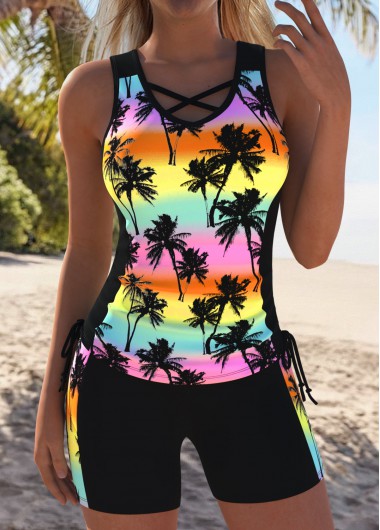 women clothes image of Tummy Coverage Mid Waisted Tropical Plants Print Tankini Set
