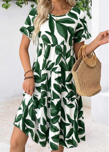 women clothes image of Green Leaf Print Tummy Coverage A Line Dress