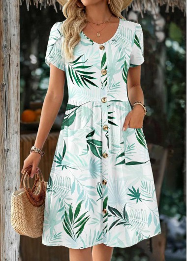 women clothes image of White Leaf Print Patchwork Short Sleeve V Neck Dress