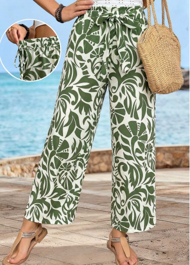 women clothes image of Olive Green Soft Plants Print Wide Leg Pants