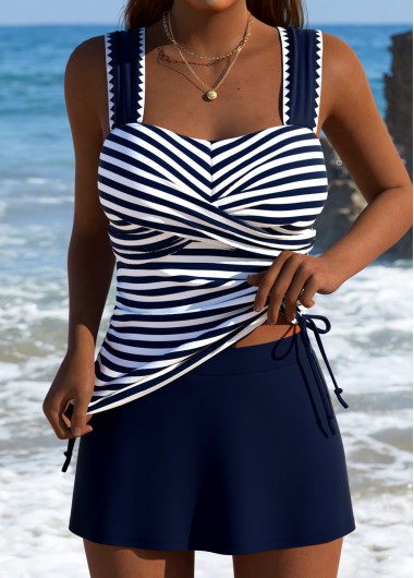 women clothes image of Tummy Coverage Mid Waisted Striped Navy Tankini Set