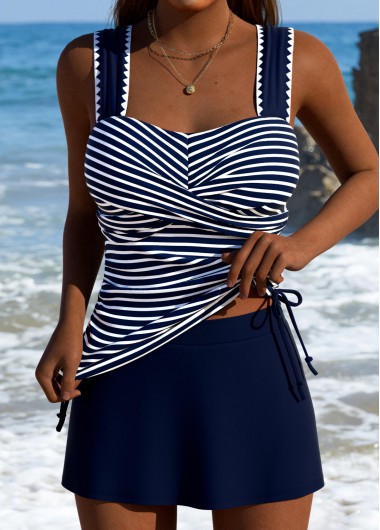 women clothes image of Tummy Coverage Mid Waisted Striped Navy Tankini Set