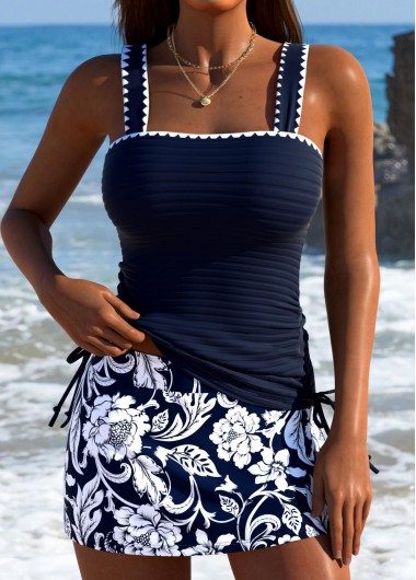 women clothes image of Tummy Coverage Navy Random Floral Print Tankini Set