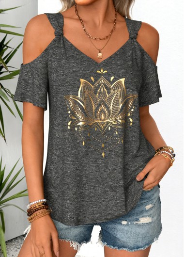 women clothes image of Dark Grey Marl Tummy Coverage Tribal Print T Shirt