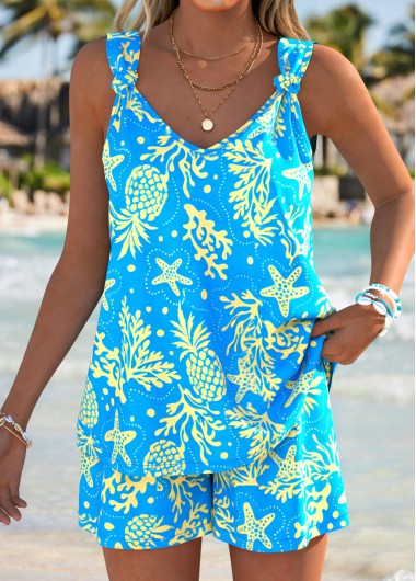 women clothes image of Cyan Tummy Coverage Marine Life Print Sleeveless Tank Top