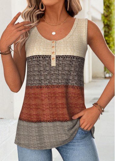 women clothes image of Multi Color Striped Button Sleeveless Round Neck Tank Top