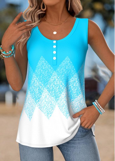women clothes image of Cyan Geometric Print Button Sleeveless Round Neck Tank Top