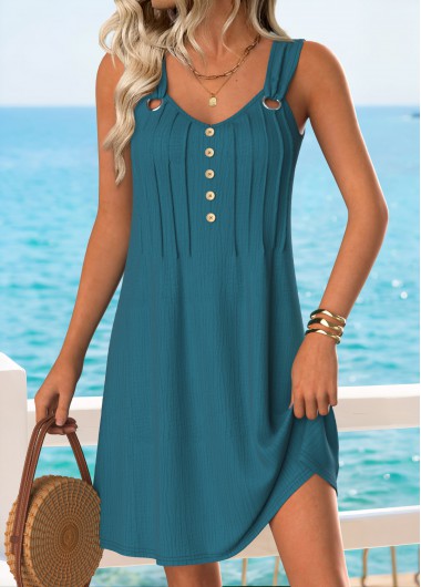 women clothes image of Peacock Blue Short Tummy Coverage Sleeveless V Neck Dress