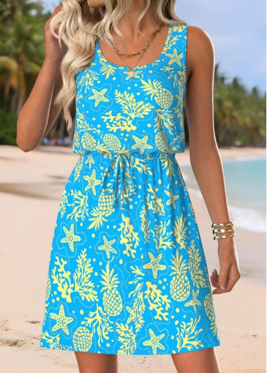 women clothes image of Blue Marine Life Print Short Tummy Coverage Sleeveless Dress