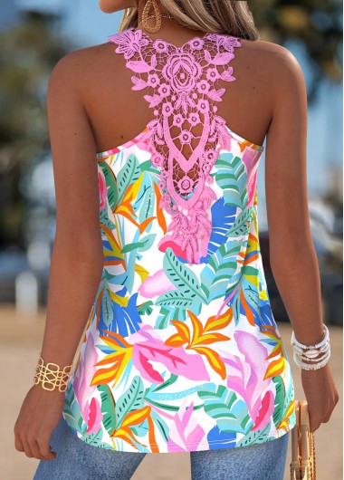 women clothes image of Multi Color Tropical Plants Print Patchwork Sleeveless Tank Top