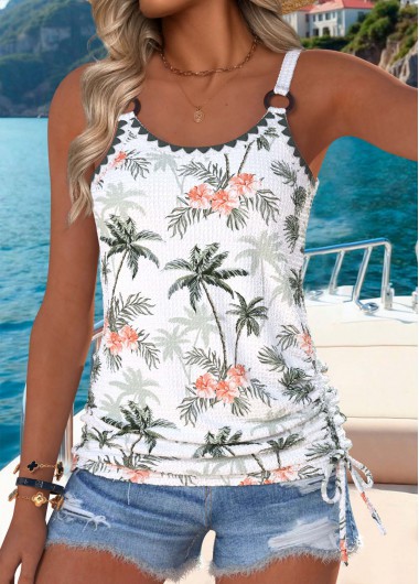 women clothes image of Navy Tummy Coverage Tropical Plants Print Strappy Camisole Top