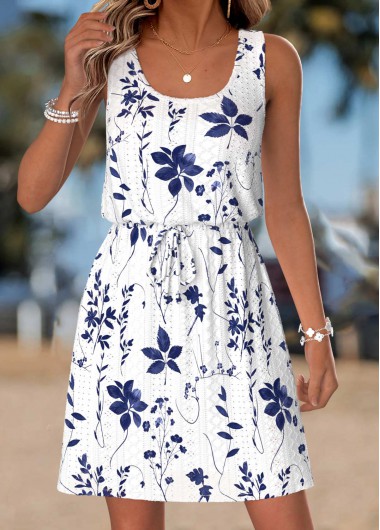 women clothes image of White Tummy Coverage Leaf Print Short Sleeveless Dress
