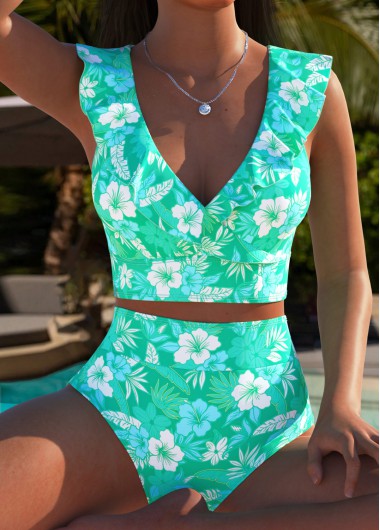 women clothes image of Green Mid Waisted Tropical Plants Print Bikini Set