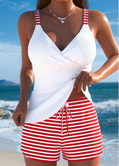 women clothes image of White Mid Waisted Striped Tankini Set
