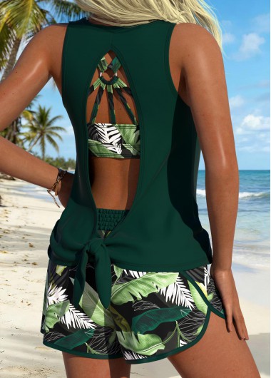 women clothes image of Three-piece Mid Waisted Tropical Plants Print Green Tankini Set
