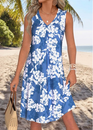women clothes image of Blue Floral Print Tummy Coverage Sleeveless V Neck Dress