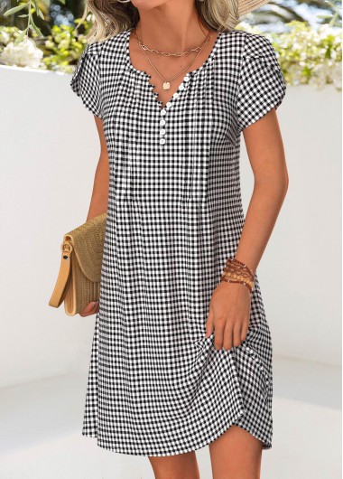 women clothes image of Black Plaid Short Tummy Coverage Split Neck Dress