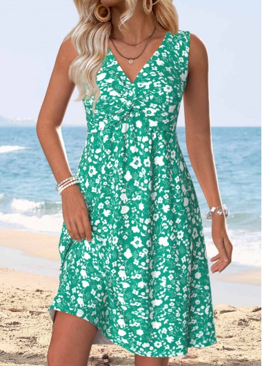 women clothes image of Cyan Ditsy Floral Print Short Tummy Coverage Sleeveless Dress