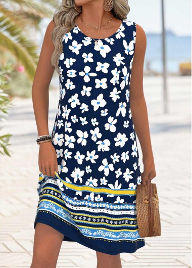 women clothes image of Navy Floral Print Tummy Coverage Sleeveless Round Neck Dress