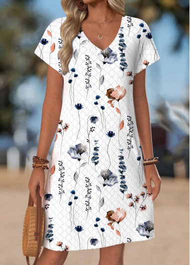 women clothes image of White Floral Print Short Tummy Coverage V Neck Dress
