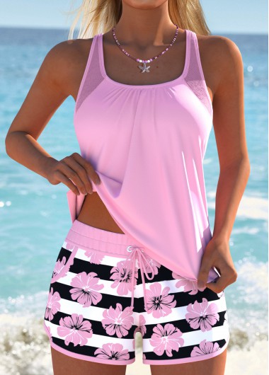 women clothes image of Pink Mid Waisted Tummy Coverage Striped Tankini Set