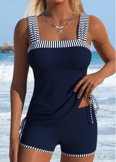 women clothes image of Navy Mid Waisted Tummy Coverage Striped Tankini Set