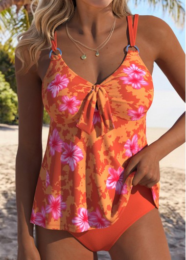 women clothes image of Orange Mid Waisted Tummy Coverage Floral Print Tankini Set