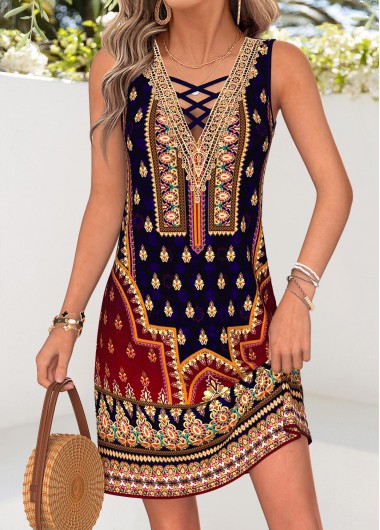 women clothes image of Multi Color Tribal Print Short Tummy Coverage Sleeveless Dress