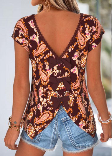 women clothes image of Deep Red Paisley Print Bowknot Short Sleeve T Shirt