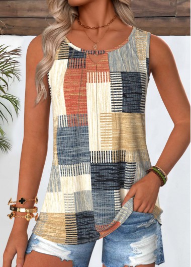 women clothes image of Multi Color Geometric Print Tuck Stitch Sleeveless Tank Top