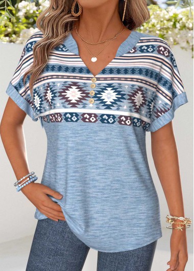 women clothes image of Dusty Blue Tribal Print Tummy Coverage T Shirt
