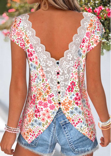 women clothes image of Pink Floral Print Tummy Coverage Short Sleeve T Shirt