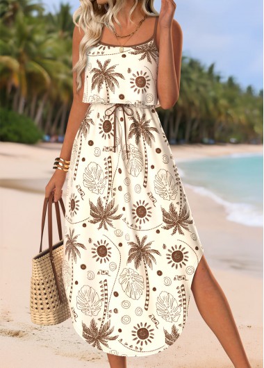 women clothes image of Beige Floral Print Tummy Coverage Strappy Round Neck Dress