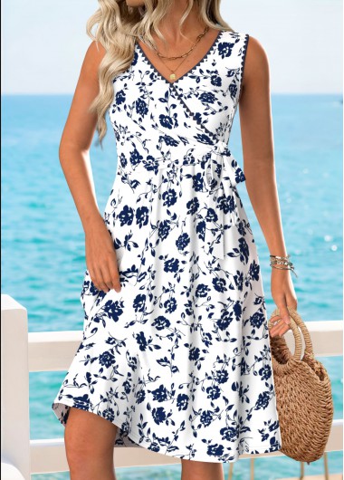women clothes image of White Floral Print Tummy Coverage Sleeveless V Neck Dress