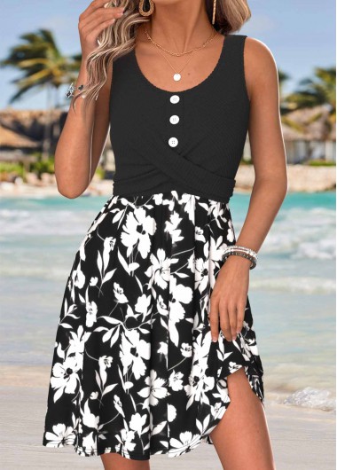 women clothes image of Black Floral Print Short Tummy Coverage Sleeveless Dress